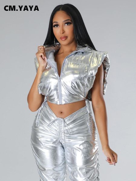 

leather cm.yaya vintage women thick warm tie up open side hooded batwing gilding parkas vest 2022 autumn witner jacket outwear, Black