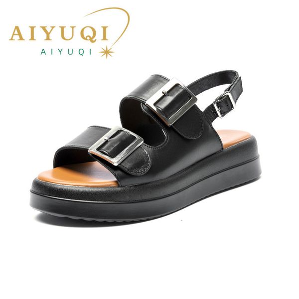 

sandals aiyuqi women natural skin summer genuine leather beach girls thick sole fashion open toe roman women's shoes 230512, Black