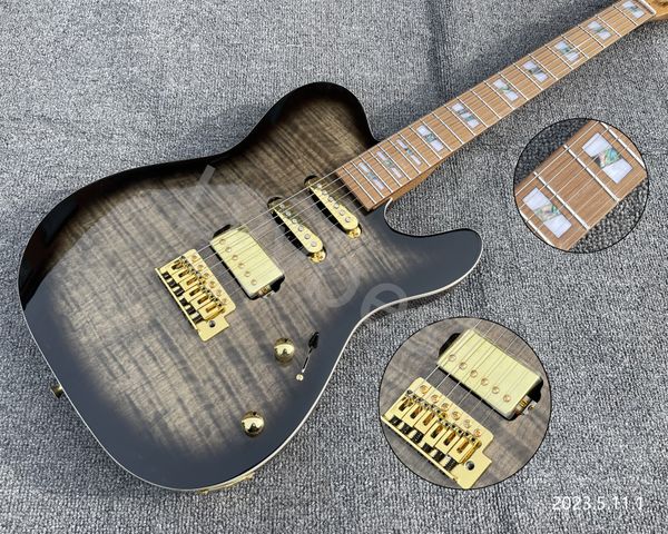 

electric guitar black edge burst gray flame center gold parts ssh gold cover pickups roasted maple neck and fingerboard