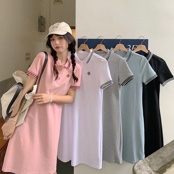

casual dresses women's dress summer slim polo collar short-sleeved chic white casual t-shirt skirt ins bodycon dress 230512, Black;gray