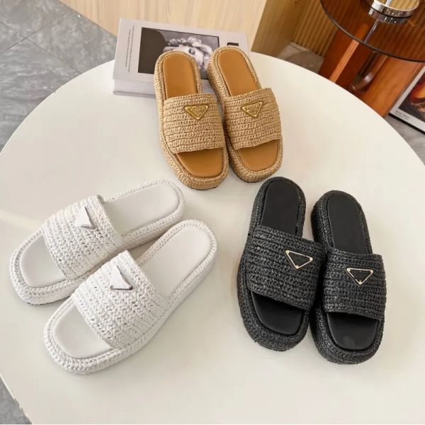 

designer slippers women sandals straw slipper woven shoes thick bottom sandal lady platform slides square toe mules summer beach flip flops, Black