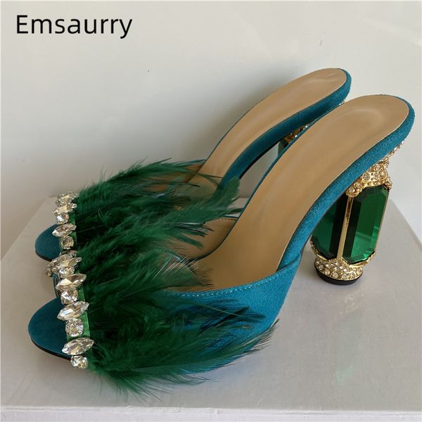 

sandals jeweled crystal feather high heel sandals women luxury diamond heel peep toe suede shoes woman zapatos de mujer 230511, Black