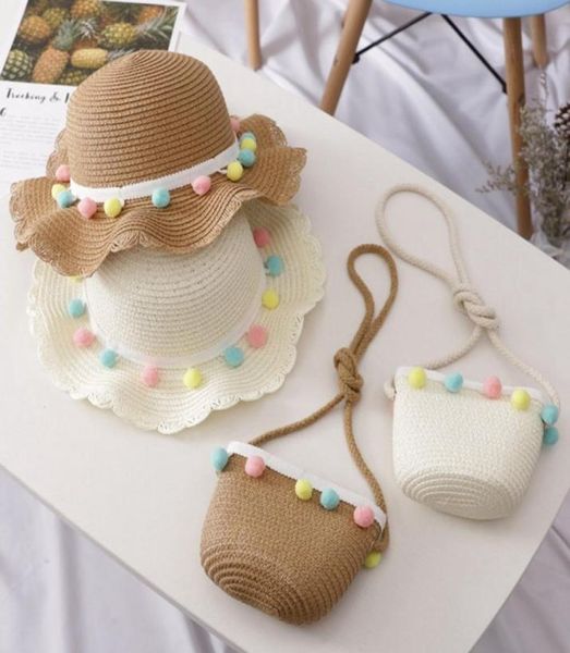 

summer kid sun hats children beach girls straw weave pompoms hat uv protective kids big brim holiday casquette rolling3857497, Blue;gray