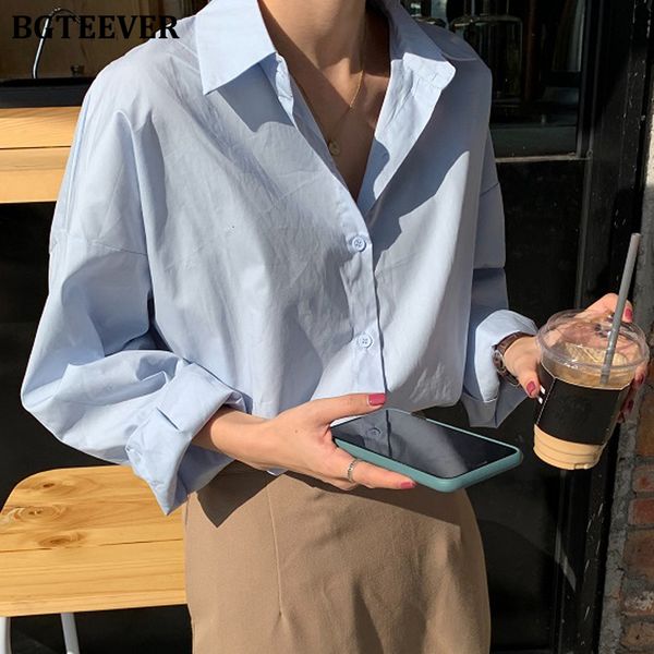 

women's blouses shirts bgteever office ladies shirts turn-down collar single-breasted casual loose female blouses long sleeve blusas mu, White