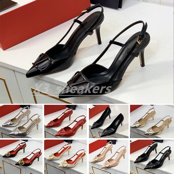 

brand sandals for women high heels pointed casual shoes classics metal buckle thin heel 6cm 8cm 10cm genuine leather shallow summer red wedd, Black