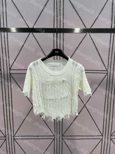 

23ss womens designer clothing womens knits crewneck new beaded letter ripped fringe short sleeve knitted womens clothes, White