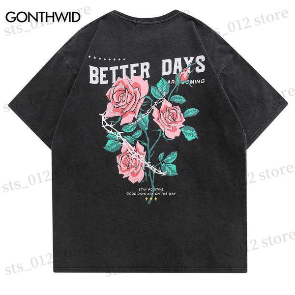 

men's t-shirts distressed t-shirt streetwar hip hop floral rose letter print vintage tshirt men harajuku summer casual cotton loose shi, White;black