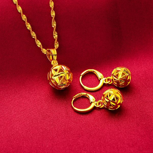 

hollow leaf pattern ball shaped women pendant earrings set 18k yellow gold filled fashion lady jewelry set gift, Slivery;golden