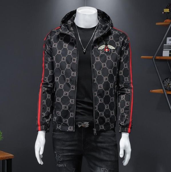 

spring handsome youth embroidery hooded jacket men's slim fit fashion brand printed coat fashion casual top, Black;brown