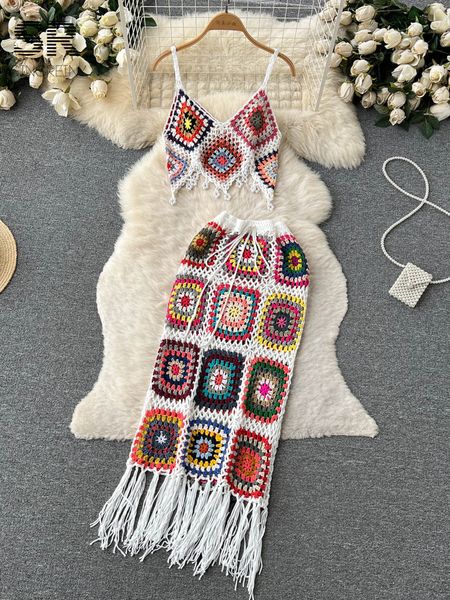 

two piece dress singreiny hook design knitted set irregular camisole hollow out elastic waist long skirt vacation fashion tassel suits 23051, White