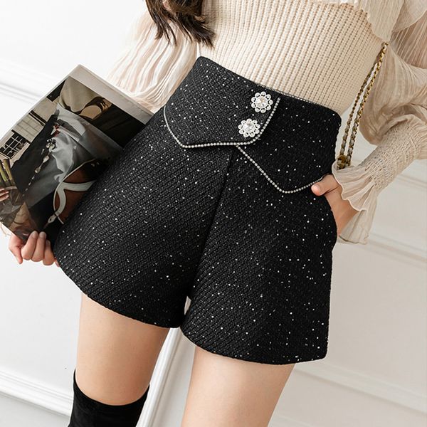 

women's shorts fashion high waist irregular shorts women sequin woolen tweed women's shorts elegant wide leg short pants fall wint, White;black