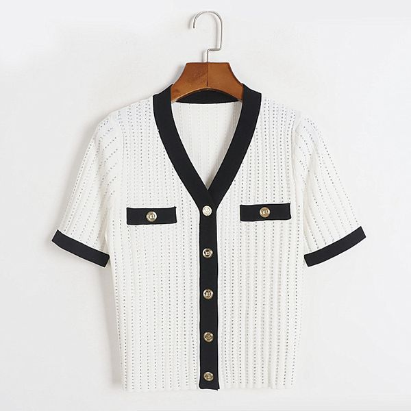 

426 2023 runway summer brand same style sweater short sleeve cardigan v neck black white blue fashion clothes womens dl, White;black