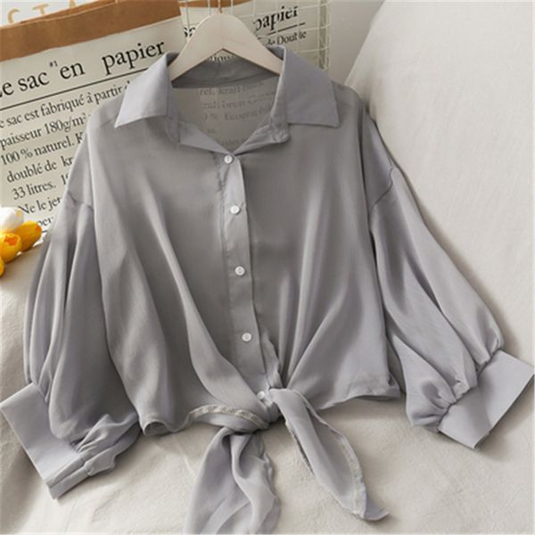 

women's blouses shirts korean summer blouses women long sleeve buttoned up shirt women office lady blouse tied waist ol blouses women, White