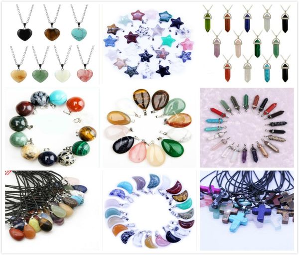

natural stone pendants necklaces star moon six prism cross water drop healing crystals amethyst quartz bead chakra healing point n3443073, Silver
