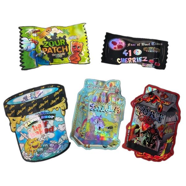

printed shape reusable mylar bags plastic heat seal resealable baggies 3.5g candy die cut foil smell proof holographic for food storage