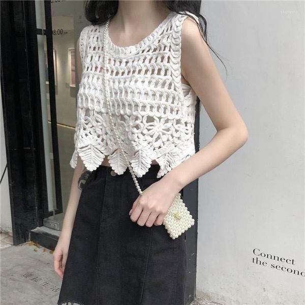 

women's tanks summer women vintage solid knitted design fashion daily tank hollow out female clothes white temperament chic