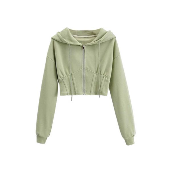 

spring new ultra short waist fishbone long sleeve casual cardigan sports hooded zipper sweater coat, Black