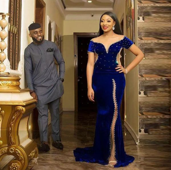 

new velvet mermaid evening dresses scoop prom party gown with short sleeves floor-length sweep train crystal long plus size split illusion, Black