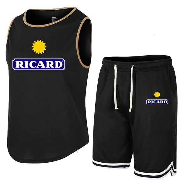 

men's tracksuits men's ricard printed sportswear vest shorts summer male suit printing sleeveless t-shirt casual pants outfit set, Gray