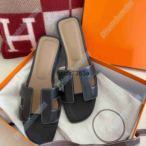 

luxury fashion designer flat oran bottom woman sandal orange slipper calfskin leather sandale summer beach flop flip h letter slipper size 3, Black