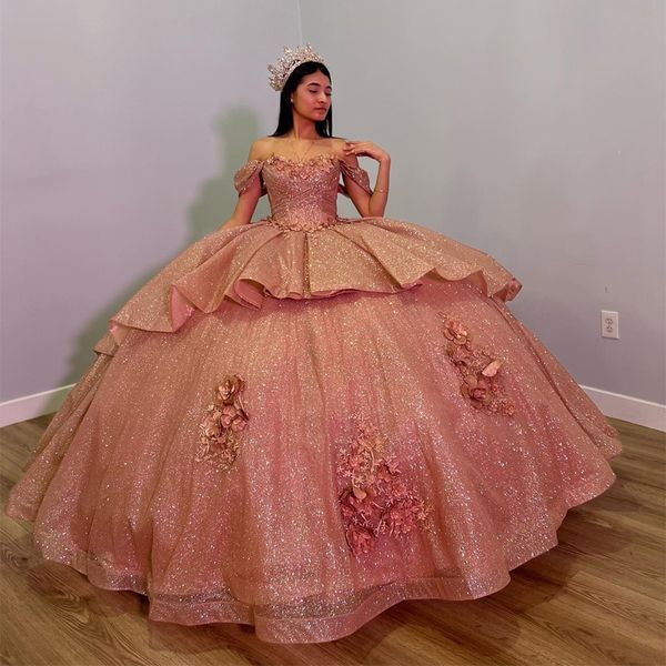 

pink shiny 3dflower ball gown quinceanera dresses off-shoulder sleeves beading appliques princess birthday gowns corset, Blue;red
