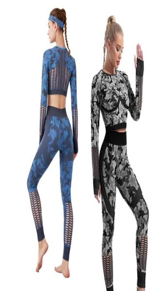 

gym clothing women sport set camouflage yoga wear suit workout clothes hollow sports fitness long sleeves 404733757, White;black