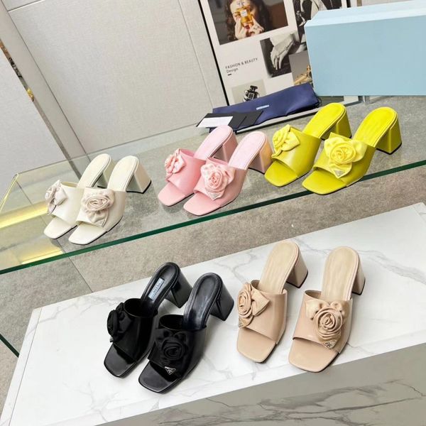 

three -dimensional flower high heel square heel slippers shoes women sweet thick heel peeptoe leather outdoor fashion slippers, Black