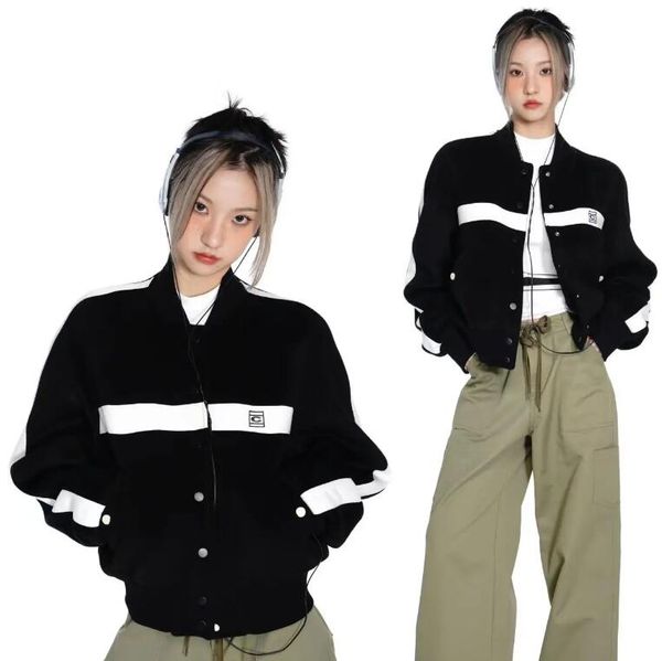 

preppy style vintage baseball jackets womens designer jacket long sleeve cardigan coat, Black;brown
