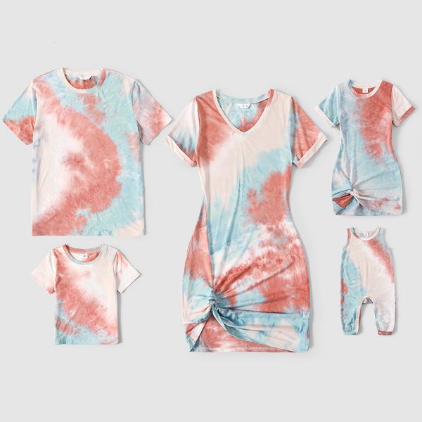 

family matching outfits patpat colorblock tie dye twist knot bodycon dresses and short sleeve t shirts sets 230511, Blue
