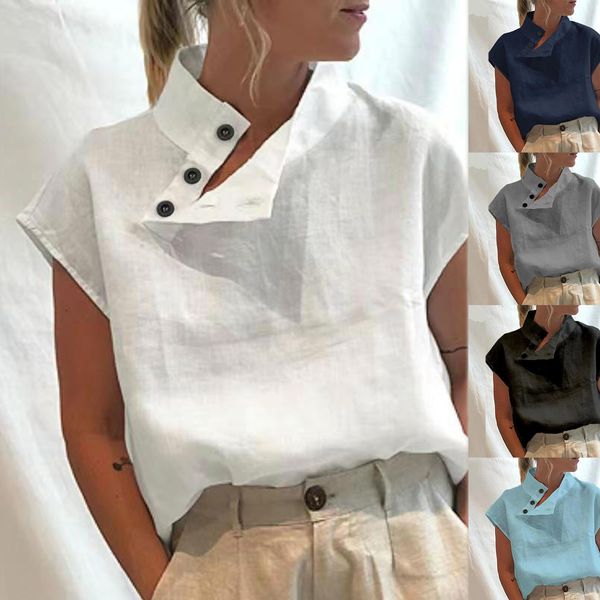 

women's tshirt fashion shirt summer women's cotton linen short sleeve button solid shirt casual loose tuned lightweight plus size, White