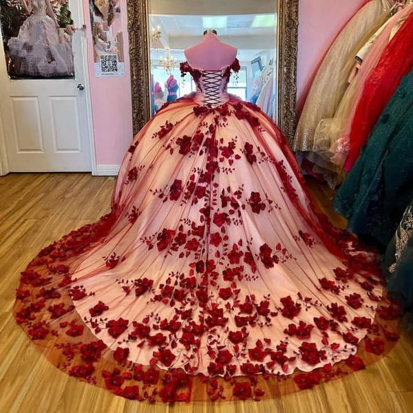 

burgundy quinceanera dresses off shoulder 2023 princess 3d floral lace-up corset vestido de 15 anos sweet 16 dresses gala, Blue;red
