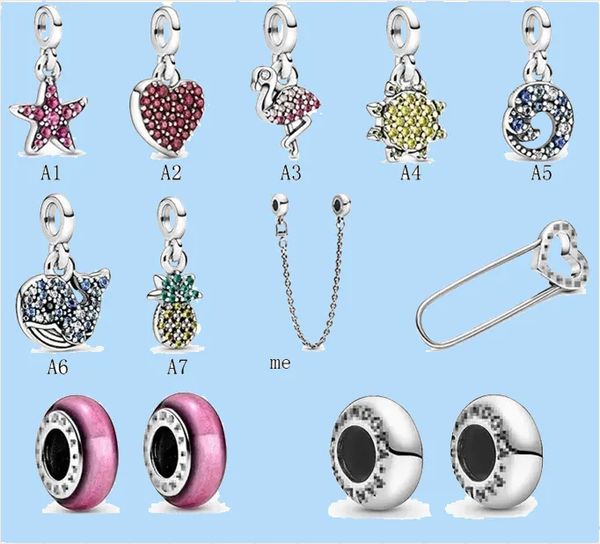 

925 silver beads charms fit pandora charm couple necklace me series safety chain new pineapple small accessories love heart blue crysta, Black