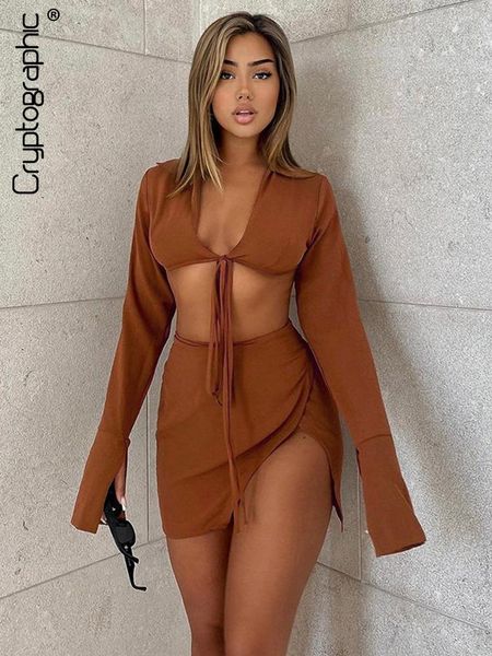 

dress cryptographic brown tie front and skirt sets women fashion outfits fall matching set split skirt club party clothes, White
