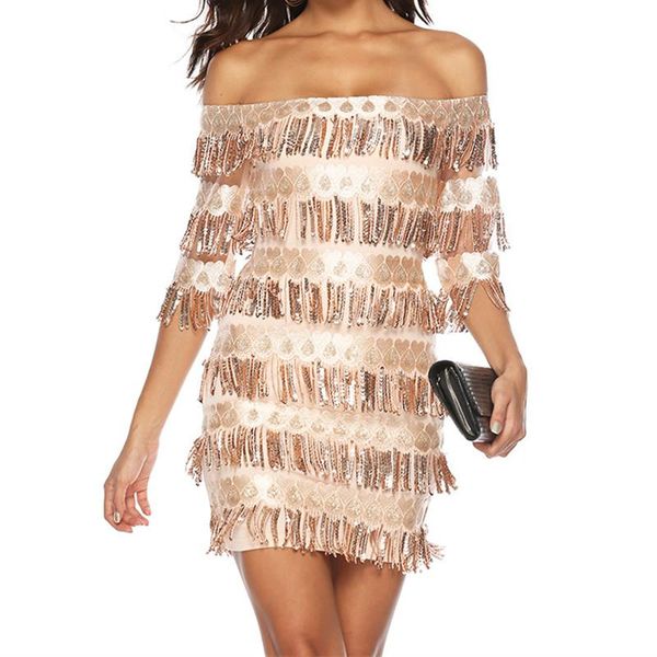 

dresses selling european and american women's word collar in the sleeves tassel bag hip sequin dress party dress, Black;gray