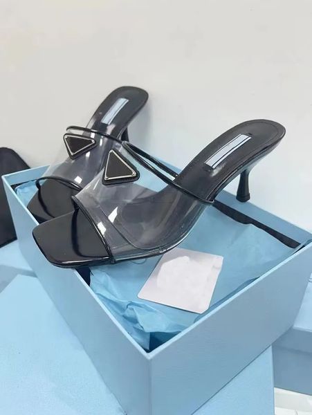 

early spring popular women's slippers heel height 6.5cm imported transparent pvc soft breathable square head sandals full set bag box 3, Black