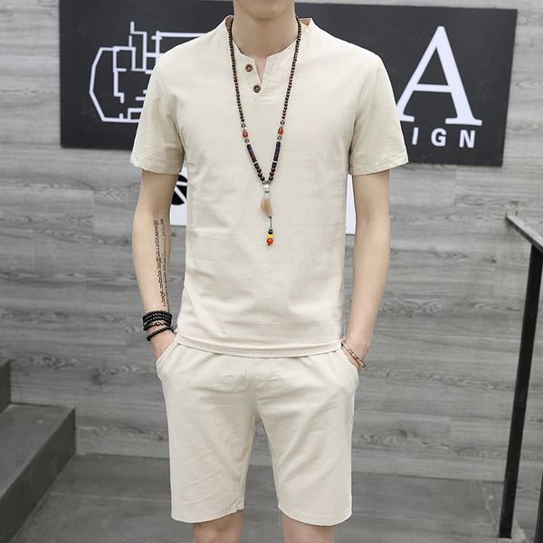 

mens tracksuits casual solid color cotton linen mens two piece sets summer short sleeve button slim and shorts suits men streetwear 230511, Gray