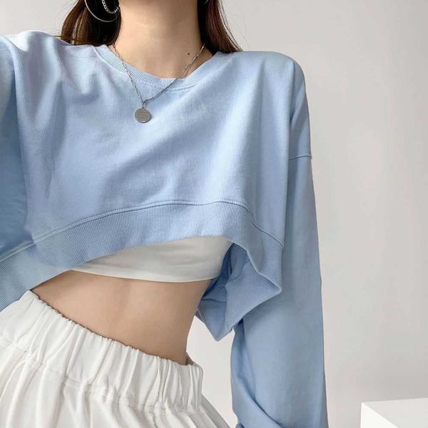 

new girls' spring and autumn solid color loose round neck open navel small student american short women's sweater{category}, Black
