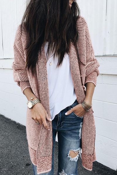 

women pink plaid knitted long open front cardigan, White;black