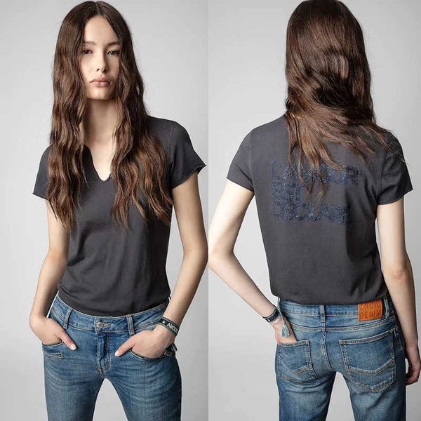 

23ss zadig voltaire women designer t shirt summer cotton new english letter print on the back of the drilling u-neck fashion short sleeved, White