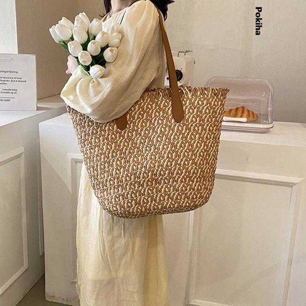 

large capacity woven shoulder bag for women luxury designer straw tote 2023 summer new fashion casual beach handbags korean 230512