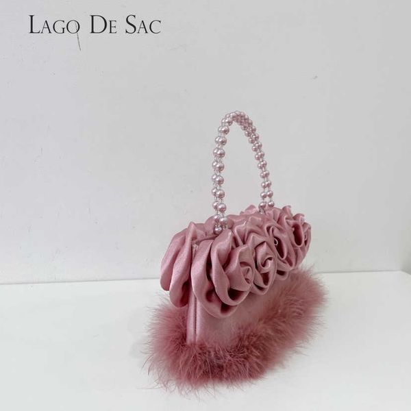 

elegant ostrich feather womens christmas handbag pink silk purse ladies flower evening clutch tote wedding bag 230512