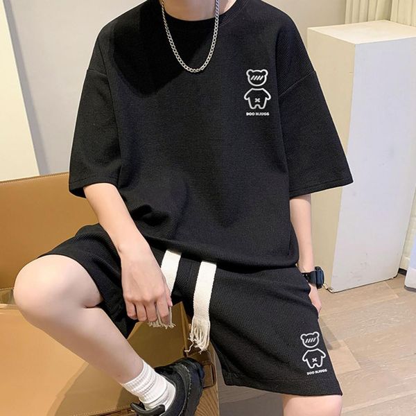 

mens tracksuits korean fashion men short sets hip hop rock casual short suit funny bear tshirts shorts 2 piece set summer tracksuit men over, Gray