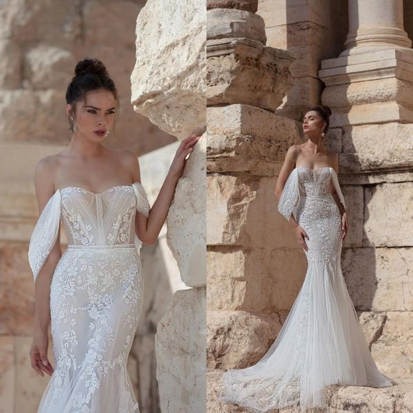 

julie vino 2023 mermaid wedding dress off the shoulder lace bridal gown sleeveless robe de mariee, White