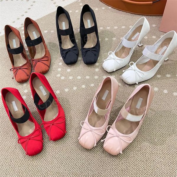 

women's dress shoes high heels bow formal shoes designe satin elastic 9.5cm casual square toe black white red pink heel party prom size