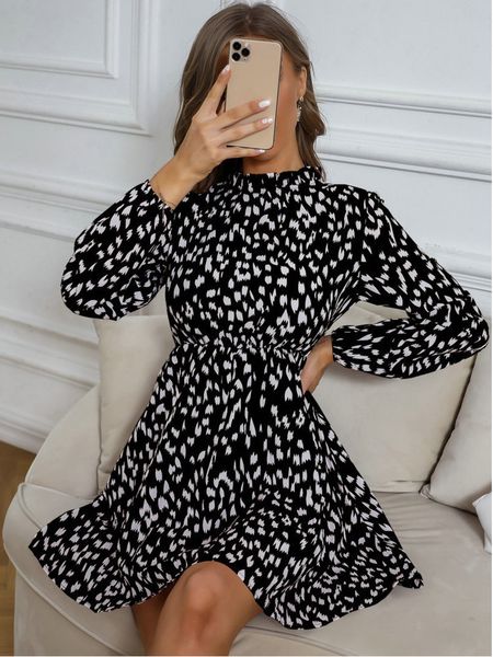 

casual dresses liti women winter print dress slim waist elastic waist princess dress autumn allover print frill trim long lantern sleeve dre, Black;gray