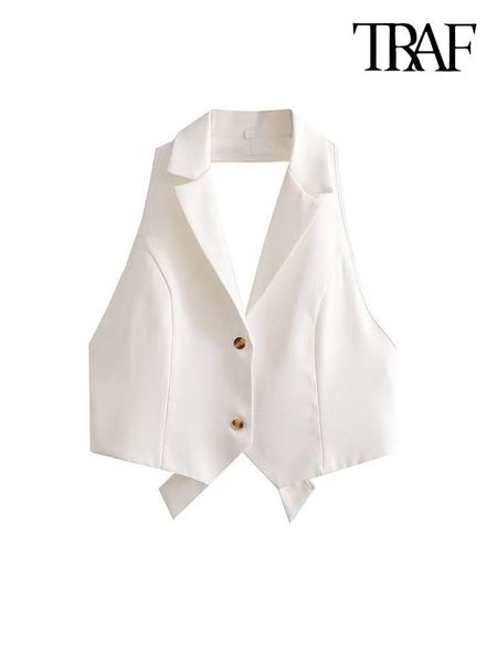 

leather traf women fashion backless with bow tied cropped waistcoat vintage sleeveless buttonup female outerwear chic vest, Black