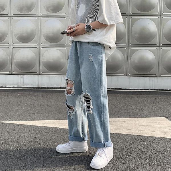 

pants high street ripped jeans male ins tide brand hiphop wideleg pants summer thin section straight loose casual old pants, Black