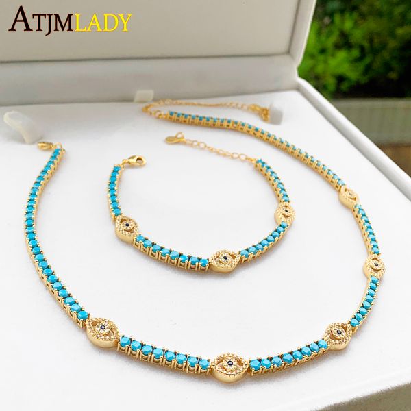 

pendant necklaces turquoises stone paved link chain 3510cm gold plated blue white cz turkish charm choker fashion necklace for women 230511, Silver