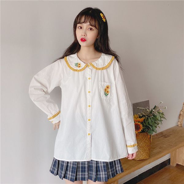 

women's blouses shirts school girl white shirt japanese lolita peter pan collar women shirts kawaii sunflower embroidery sweet ruffle