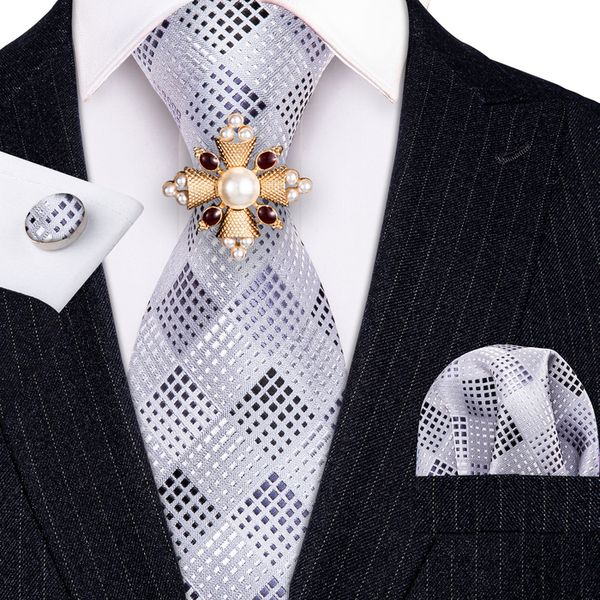 

neck ties gray plaid silk brooches men wedding hanky set barrywang 85cm fashion designer neckties for gift party geometric 230512, Blue;purple